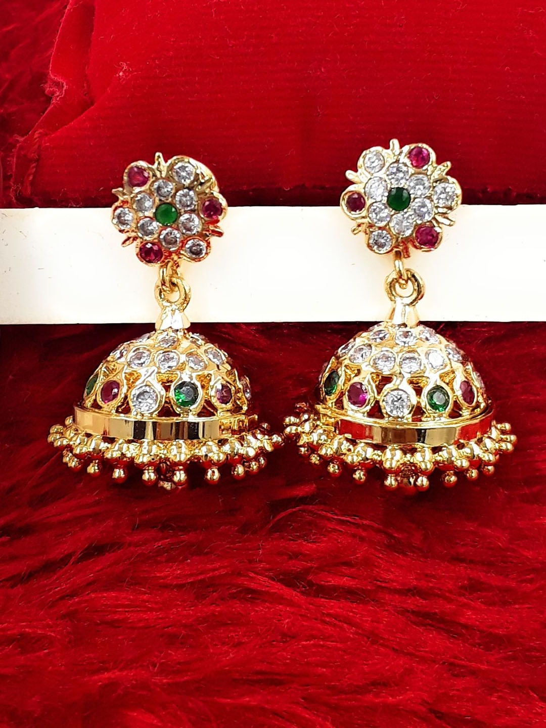 

Anujeet Fashion Hub Gold-Plated American Diamond Studded Dome Shaped Jhumkas