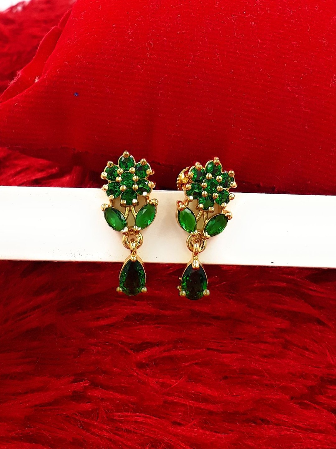 

Anujeet Fashion Hub Gold-Plated American Diamond Studded Floral Drop Earrings