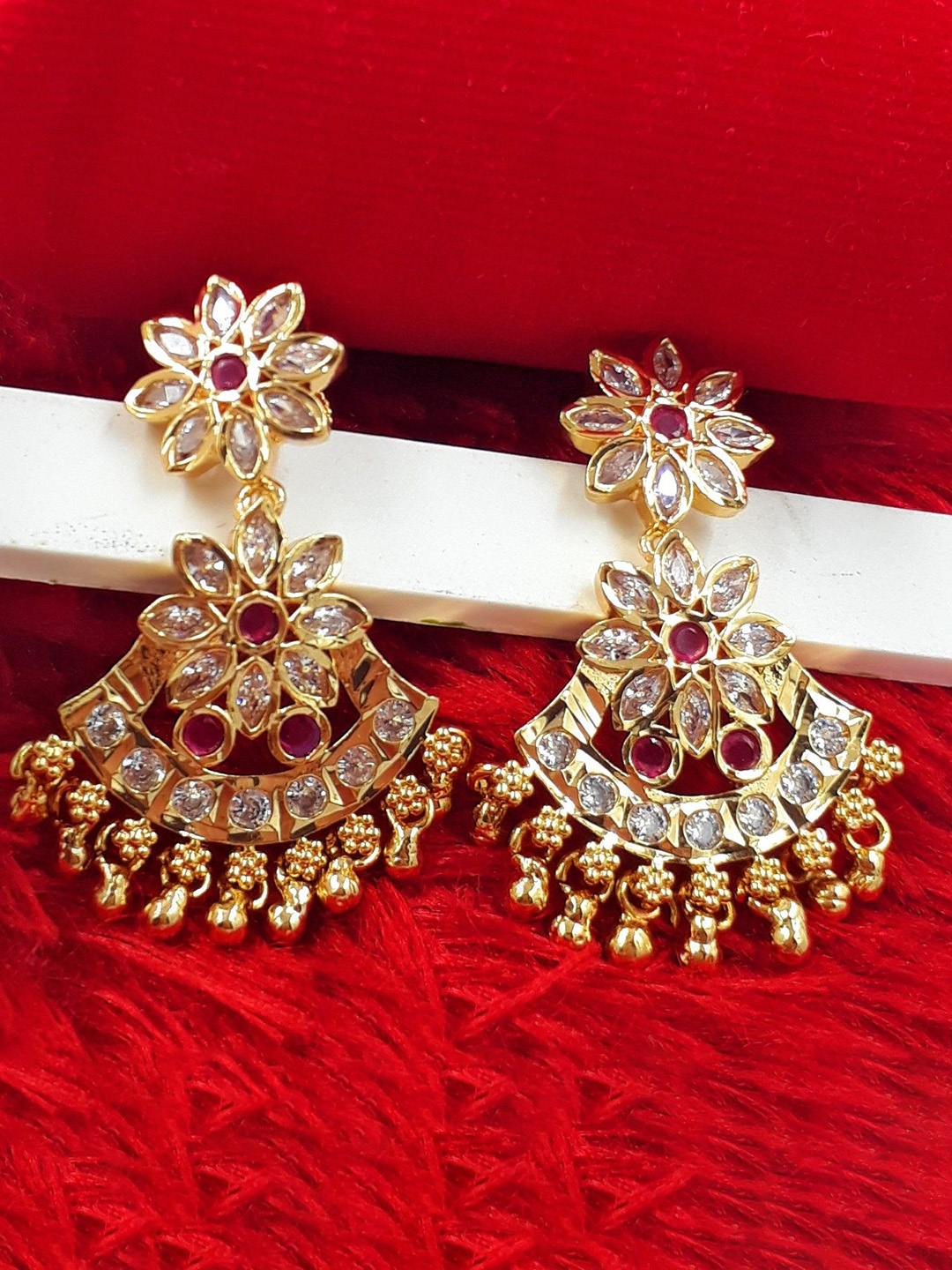 

Anujeet Fashion Hub Gold-Plated American Diamond Studded Contemporary Drop Earrings