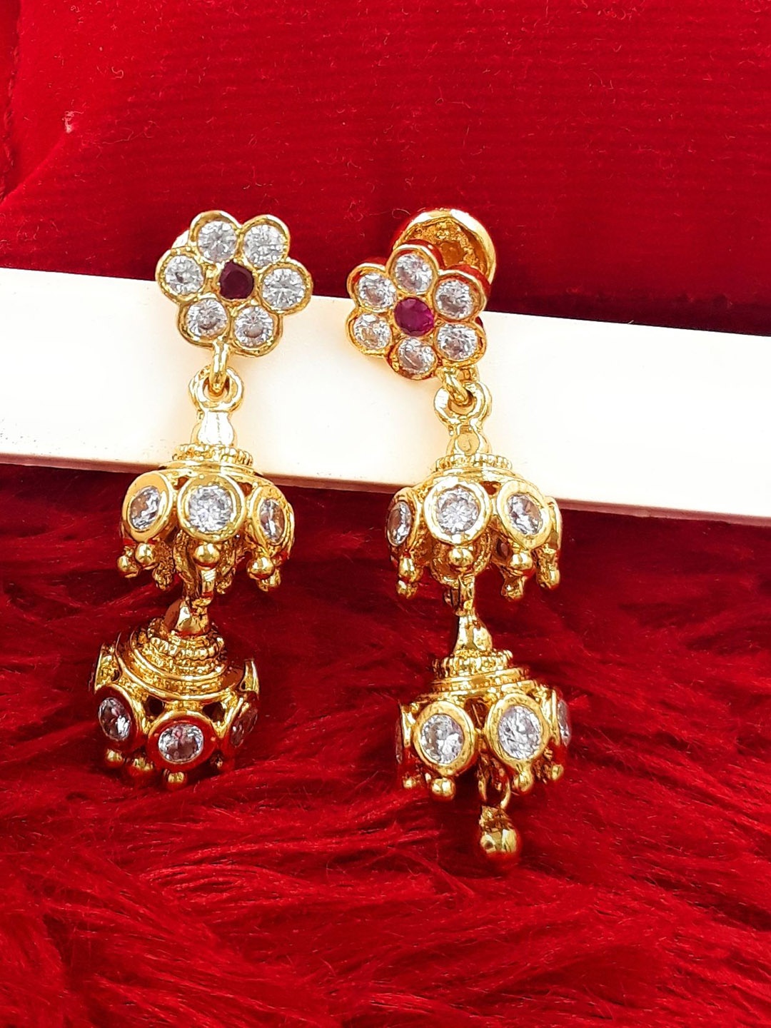 

Anujeet Fashion Hub Gold-Plated American Diamond Studded Floral Drop Earrings