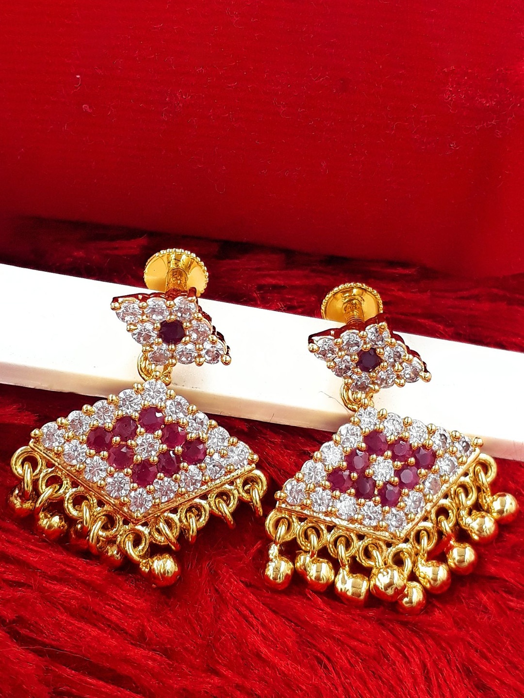 

Anujeet Fashion Hub Gold-Plated American Diamond Studded Contemporary Drop Earrings