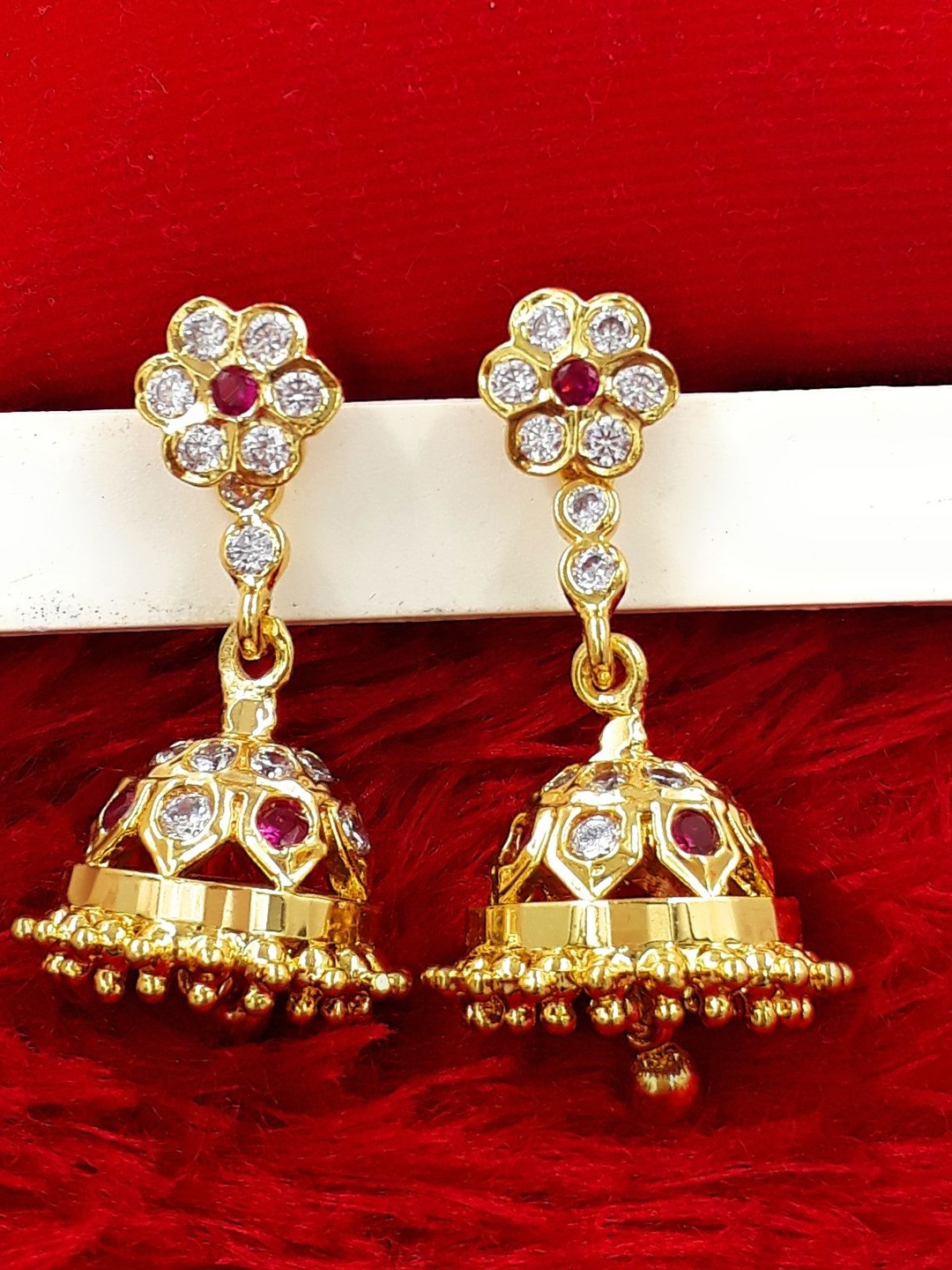 

Anujeet Fashion Hub Gold-Plated American Diamond Studded Dome Shaped Jadau Jhumkas