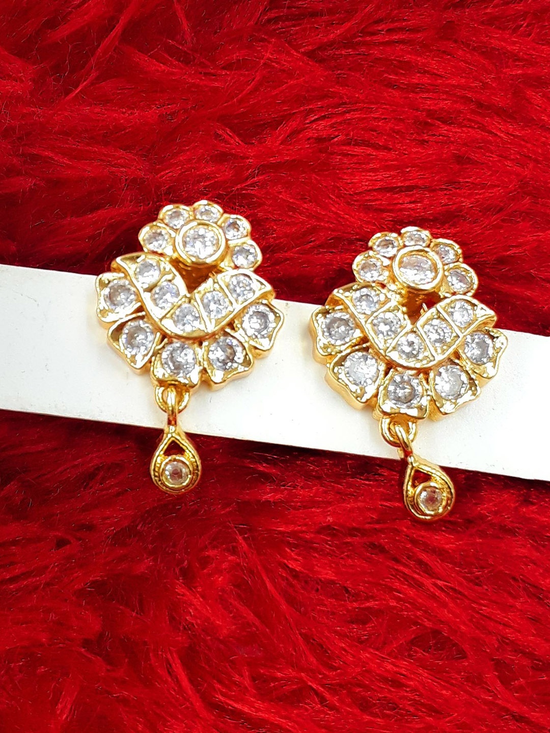 

Anujeet Fashion Hub Gold-Plated American Diamond Studded Floral Drop Earrings