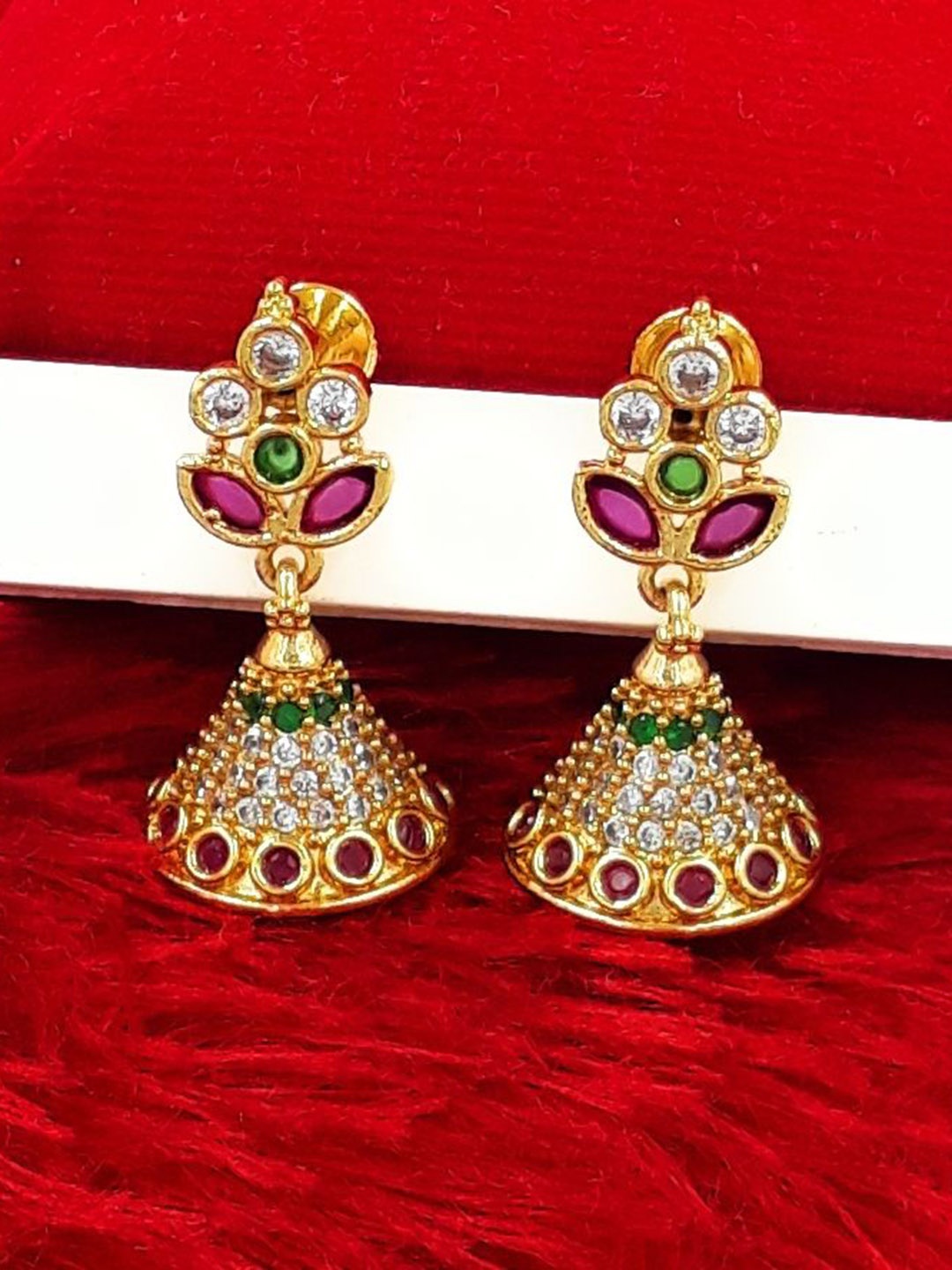 

Anujeet Fashion Hub Gold-Plated American Diamond Studded Dome Shaped Jhumkas