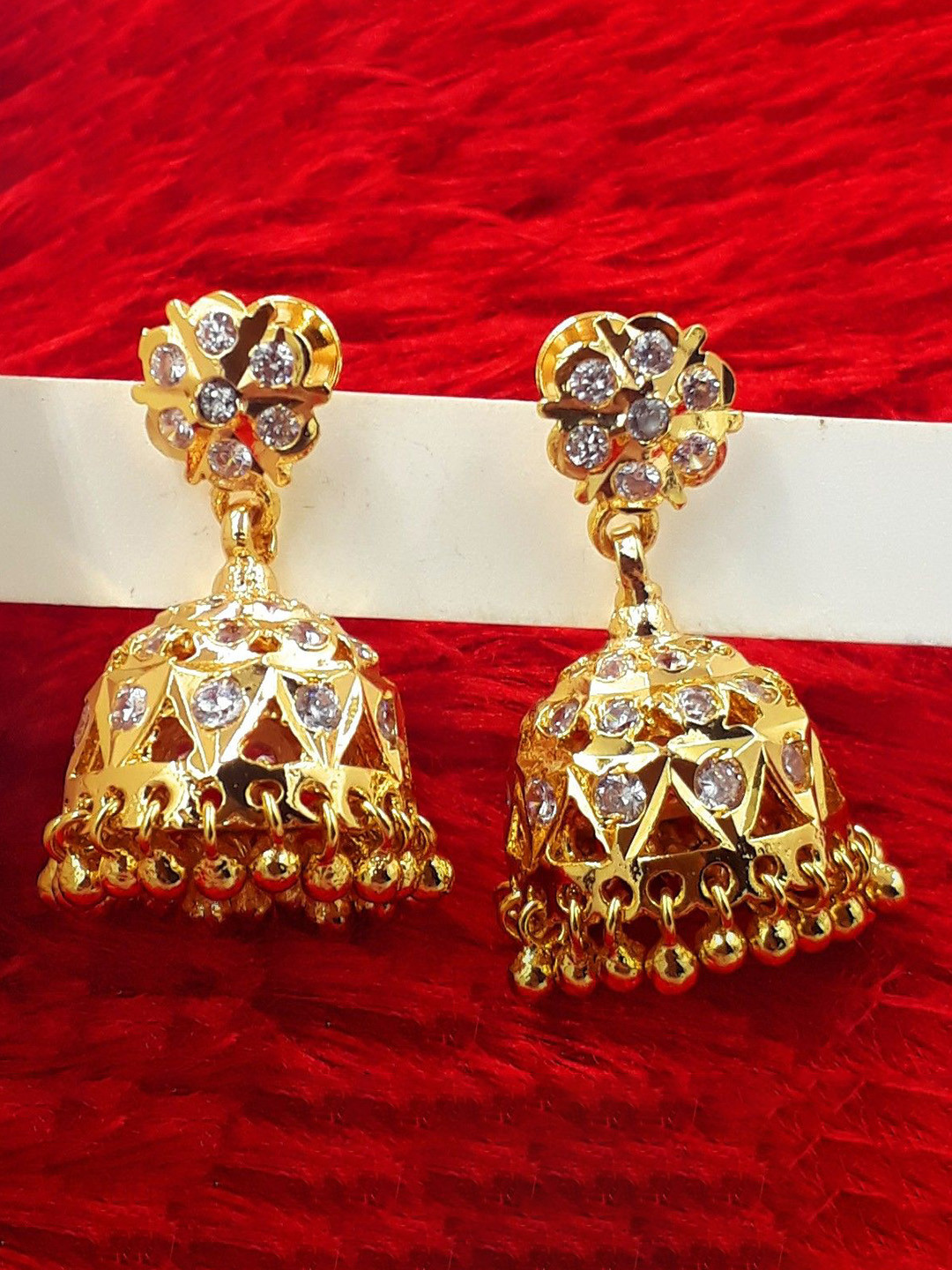 

Anujeet Fashion Hub Gold-Plated American Diamond Studded Dome Shaped Jhumkas