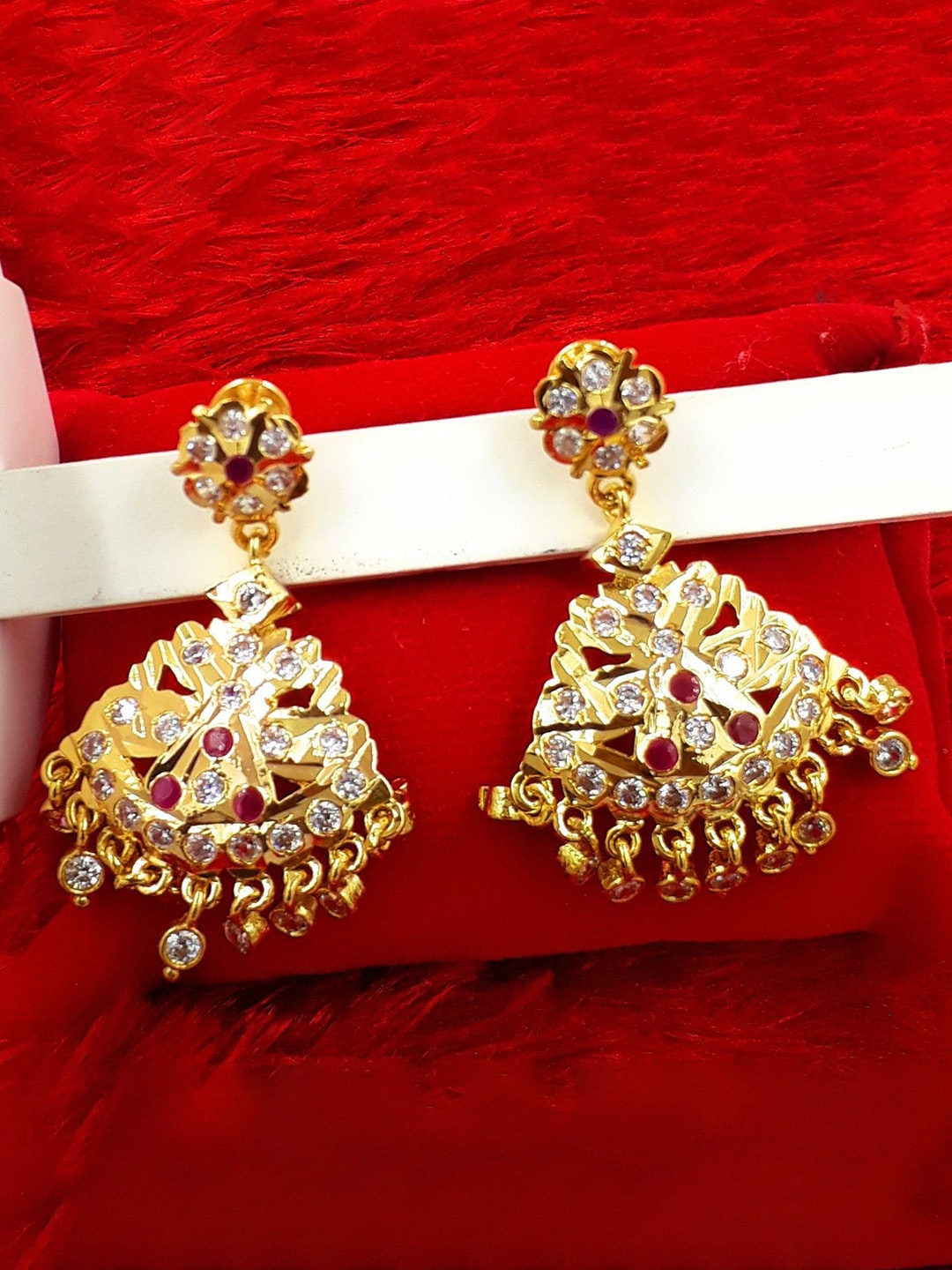 

Anujeet Fashion Hub Gold-Plated American Diamond Studded Dangler Drop Earrings
