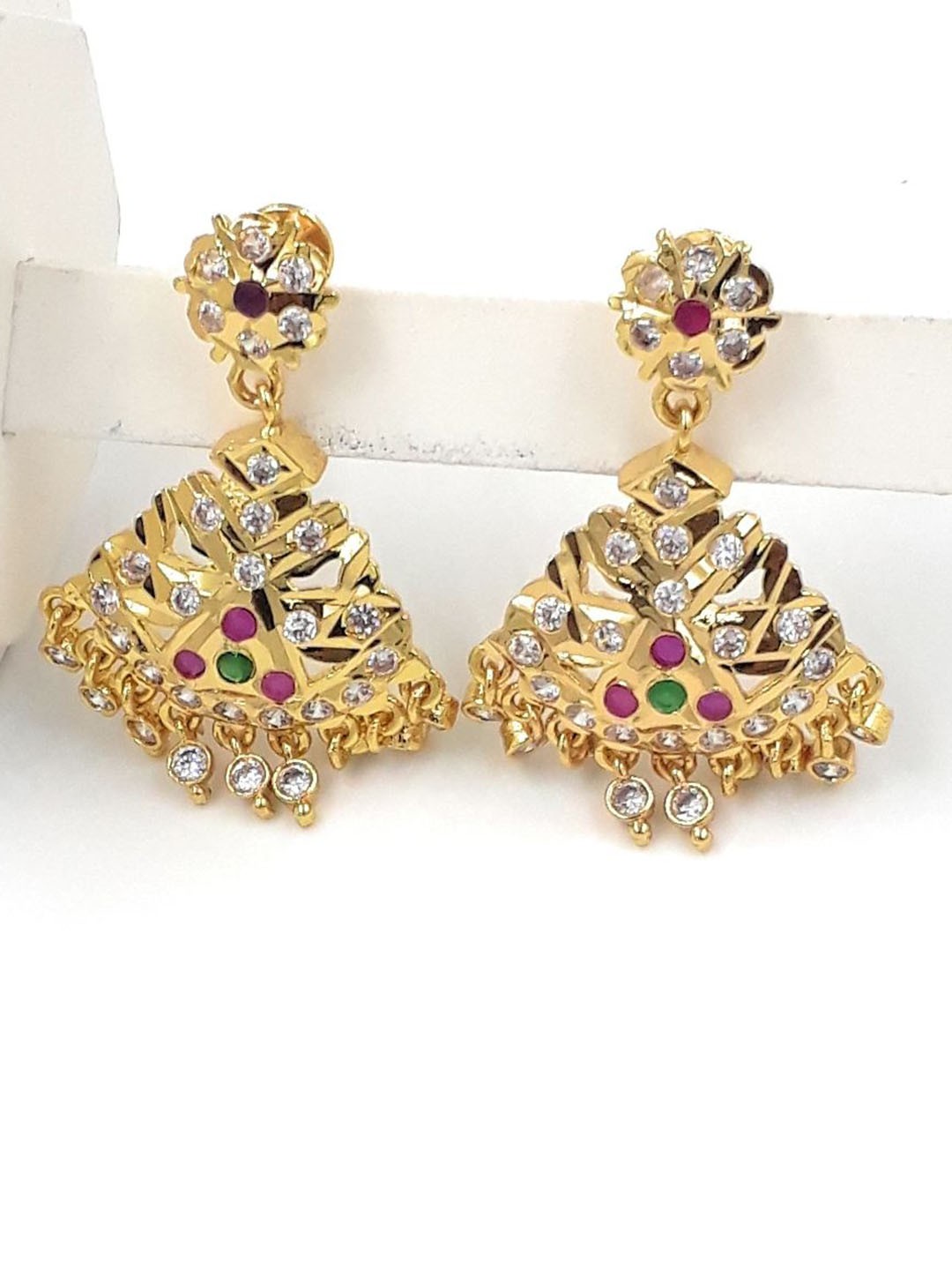 

Anujeet Fashion Hub Gold-Plated American Diamond Studded Dangler Drop Earrings