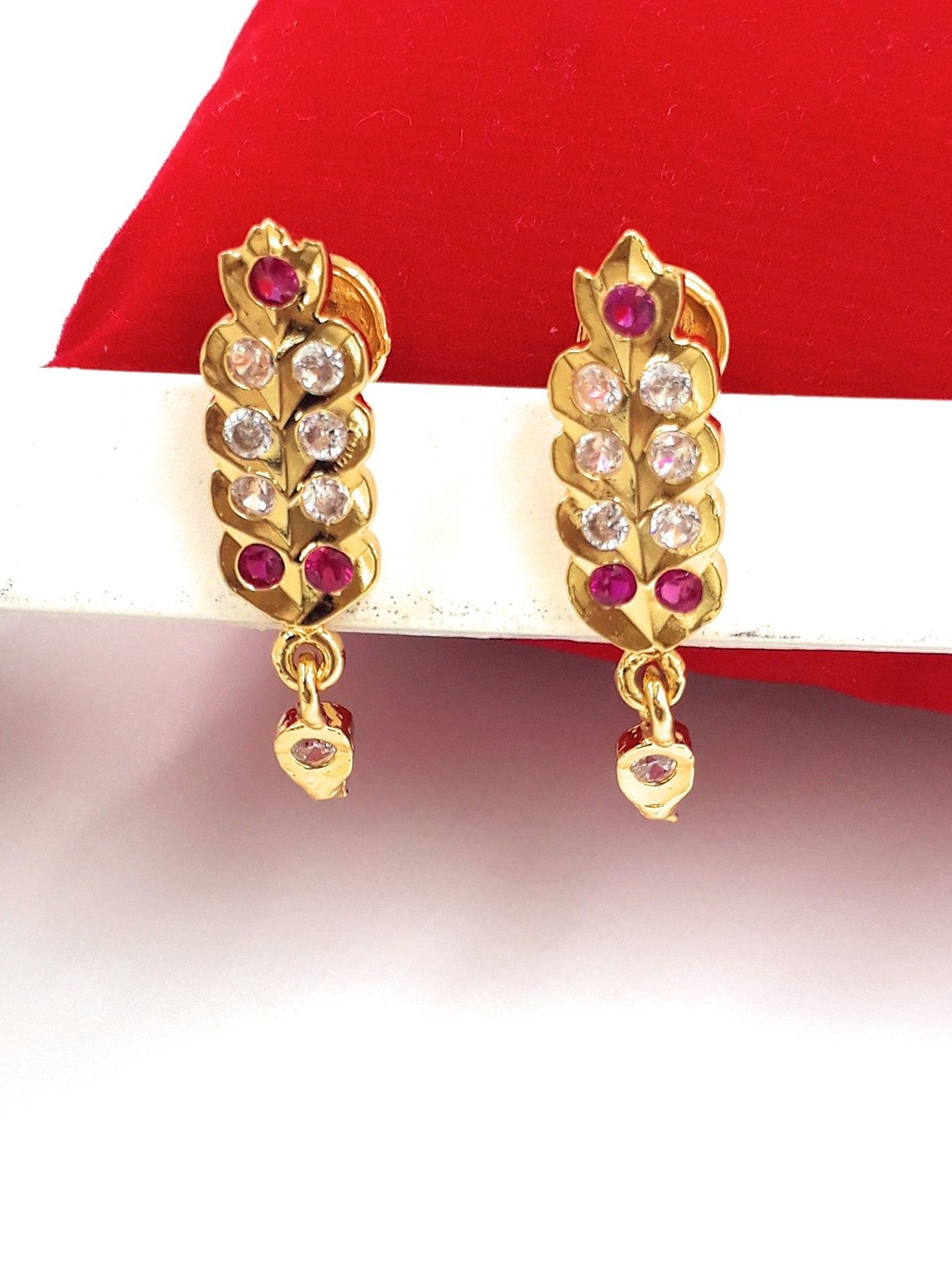 

Anujeet Fashion Hub Gold-Plated American Diamond Studded Leaf Shaped Drop Earrings