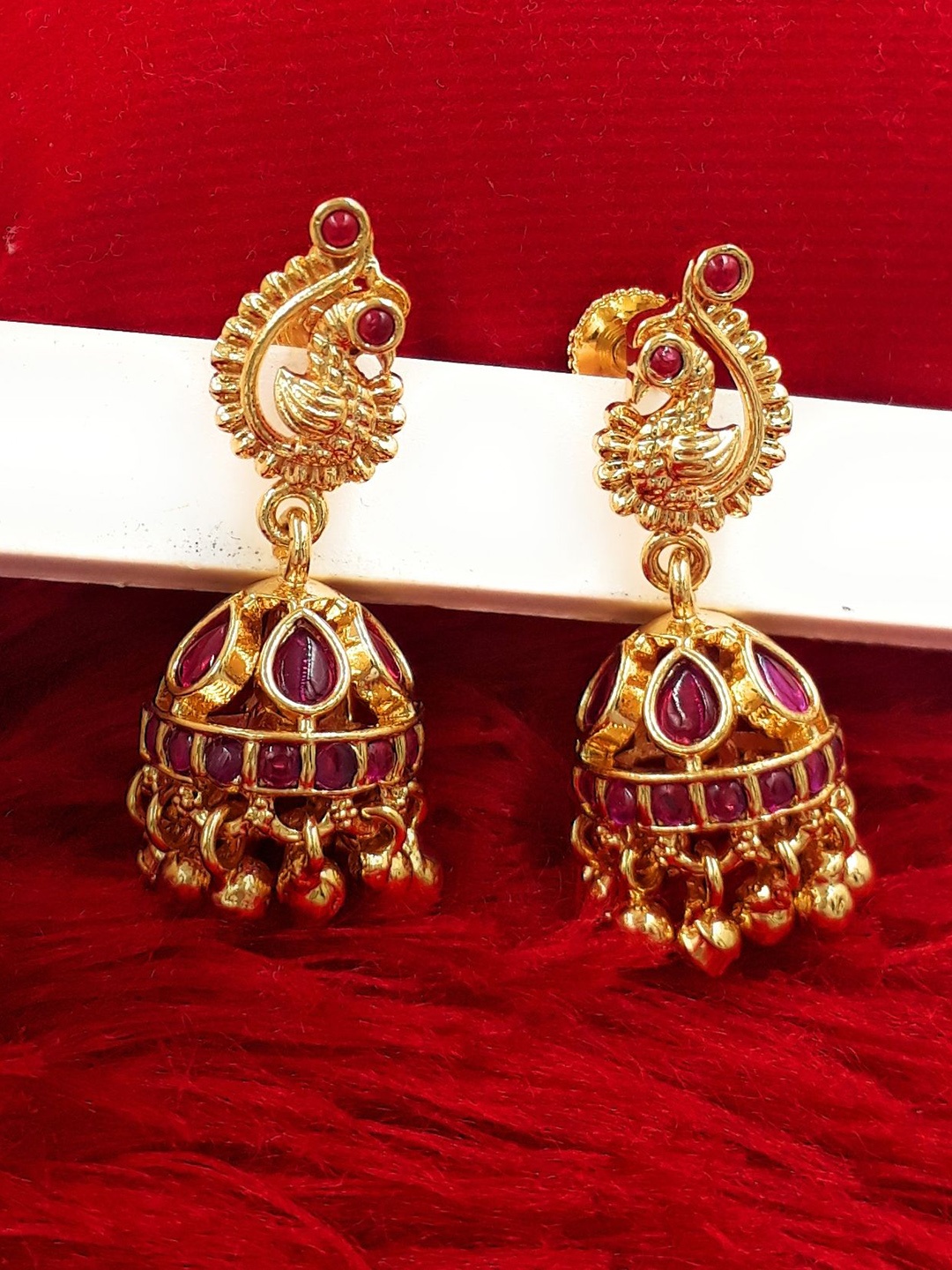 

Anujeet Fashion Hub Gold-Plated American Diamond Studded Dome Shaped Jhumkas