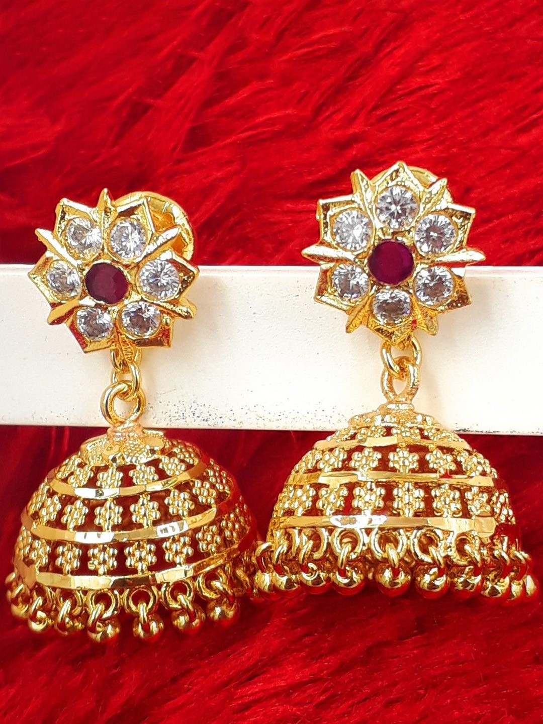 

Anujeet Fashion Hub Gold-Plated American Diamond Studded Dome Shaped Jhumkas