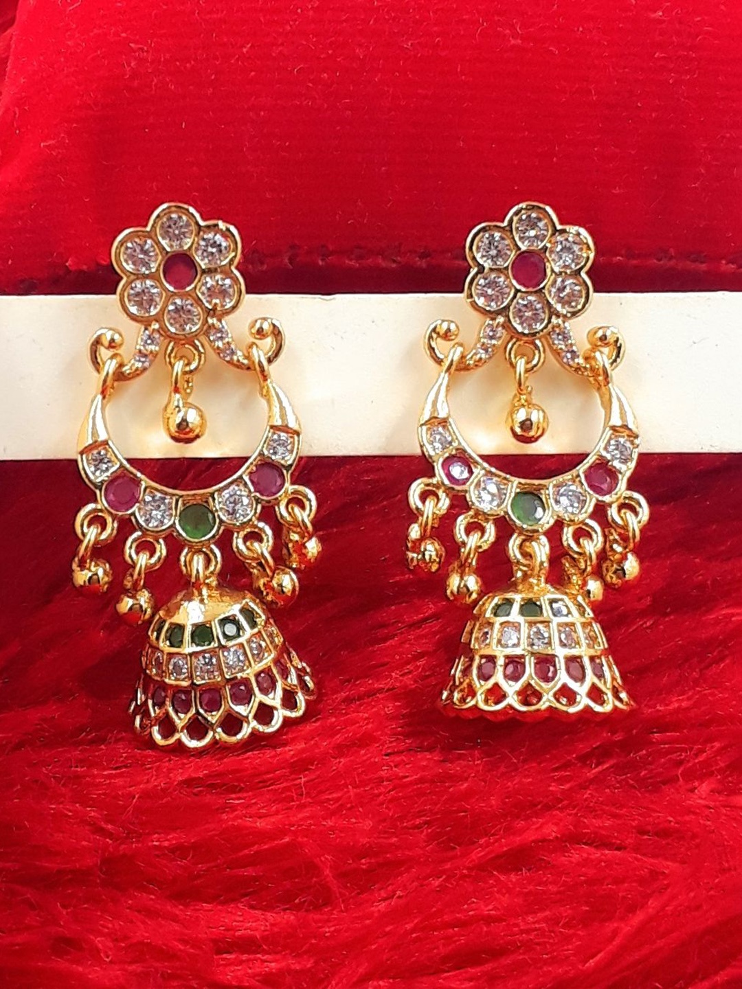 

Anujeet Fashion Hub Gold-Plated American Diamond Studded Contemporary Jhumkas