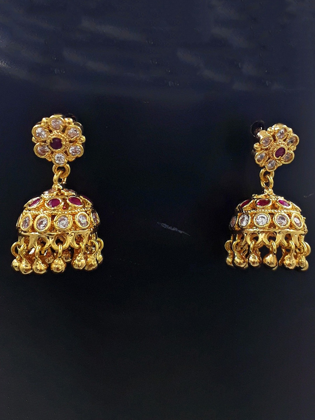 

Anujeet Fashion Hub Gold-Plated American Diamond Studded Dome Shaped Jhumkas