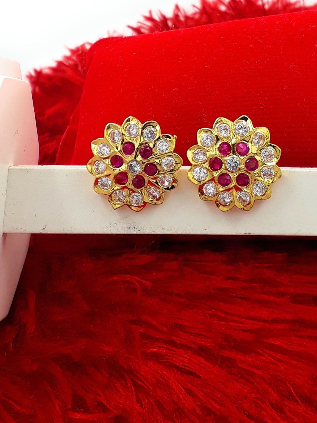 

Anujeet Fashion Hub Gold-Plated American Diamond Studded Floral Studs