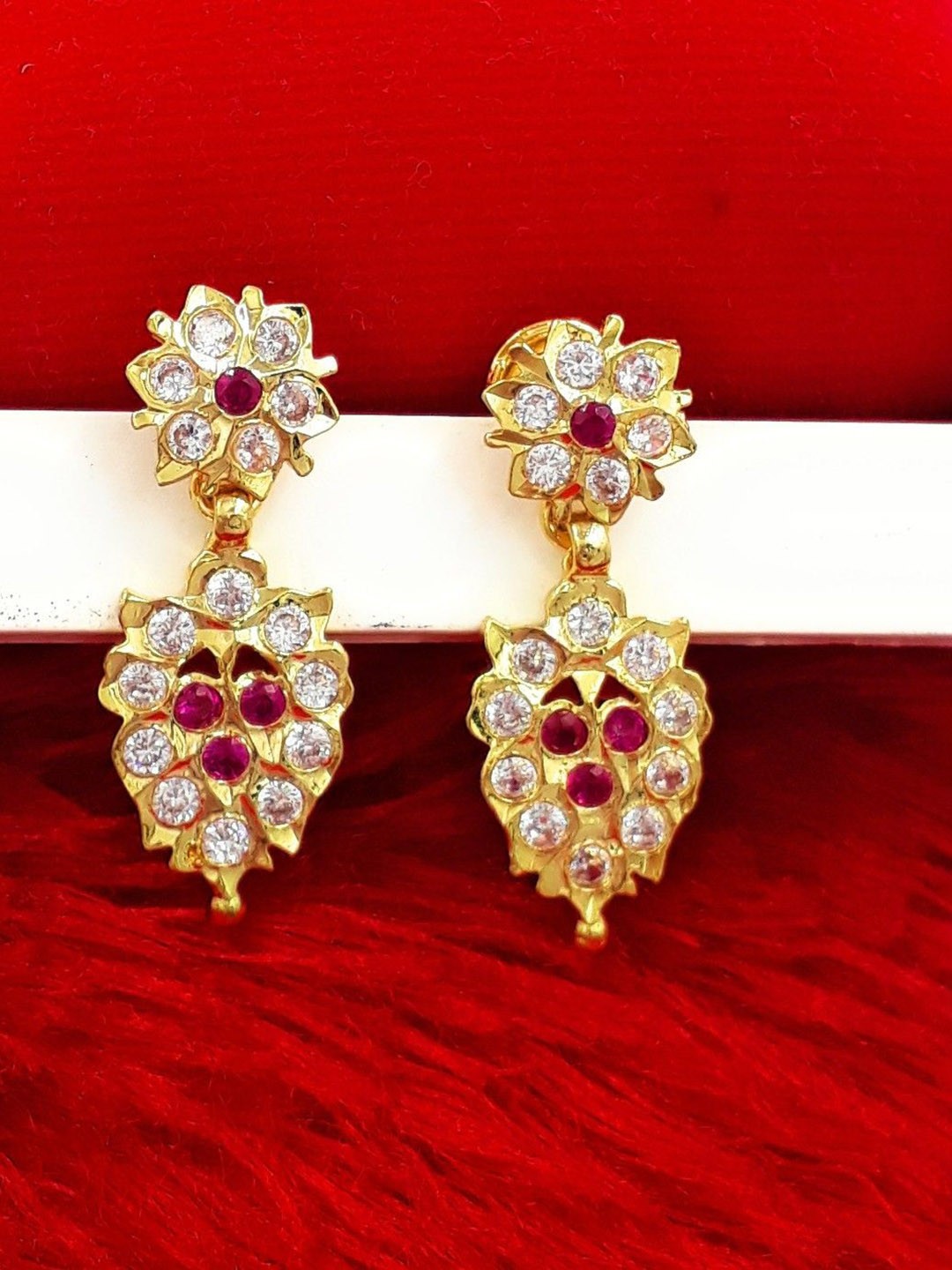

Anujeet Fashion Hub Gold-Plated American Diamond Studded Contemporary Drop Earrings