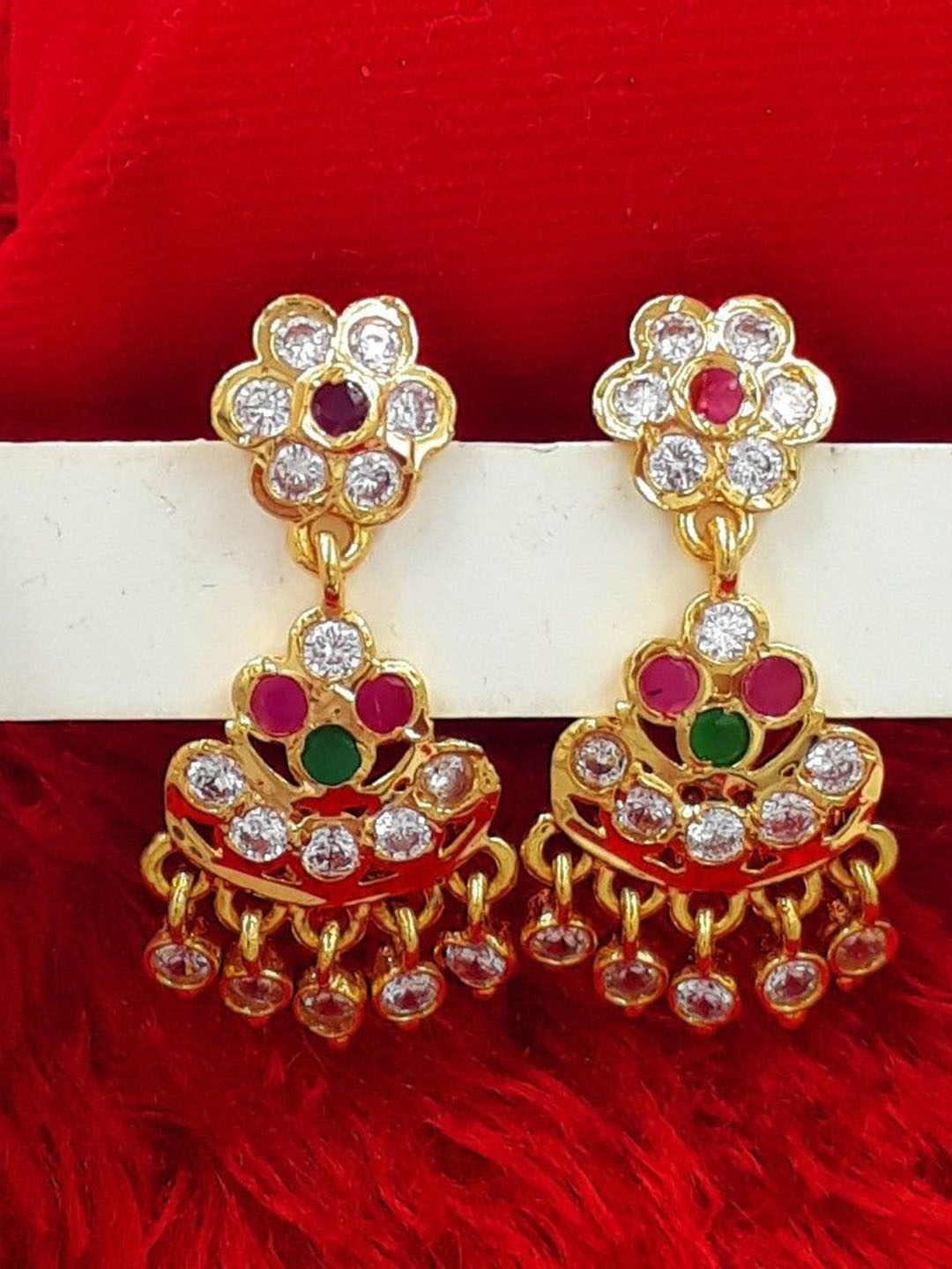 

Anujeet Fashion Hub Gold-Plated American Diamond Studded Contemporary Drop Earrings