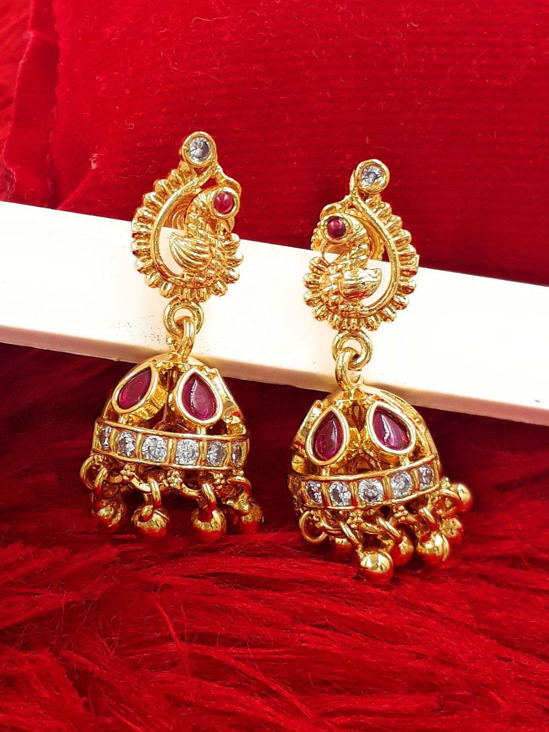 

Anujeet Fashion Hub Gold-Plated American Diamond Studded Dome Shaped Jhumkas