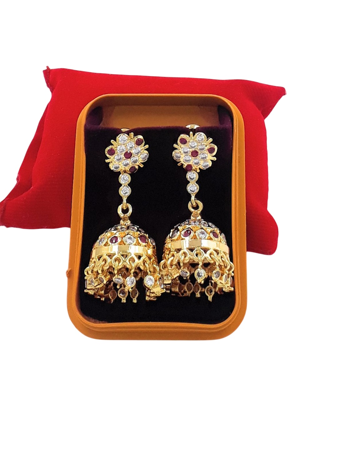 

Anujeet Fashion Hub Gold-Plated American Diamond Stones Studded Dome Shaped Jhumkas