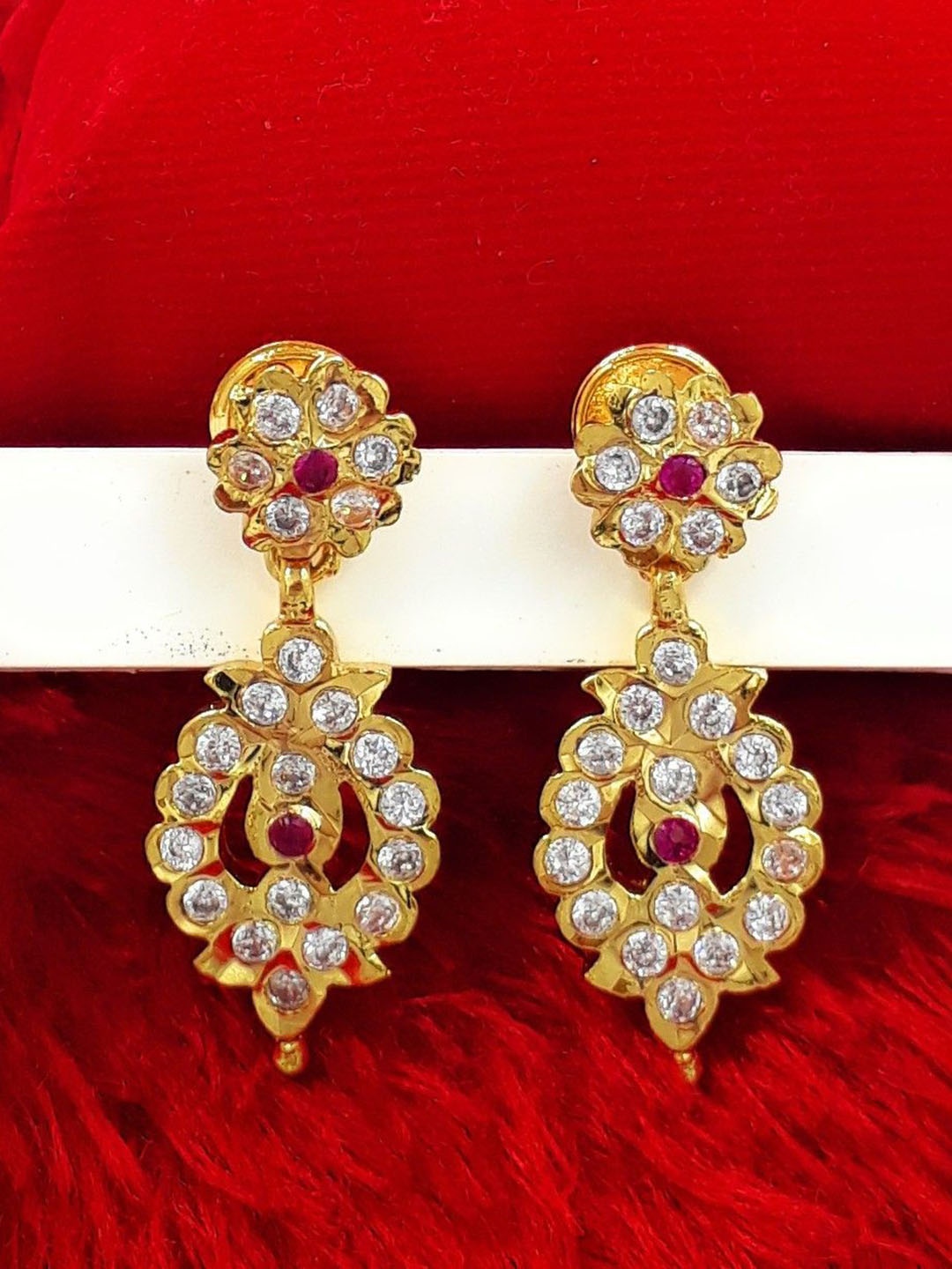 

Anujeet Fashion Hub Gold-Plated American Diamond Studded Floral Drop Earrings
