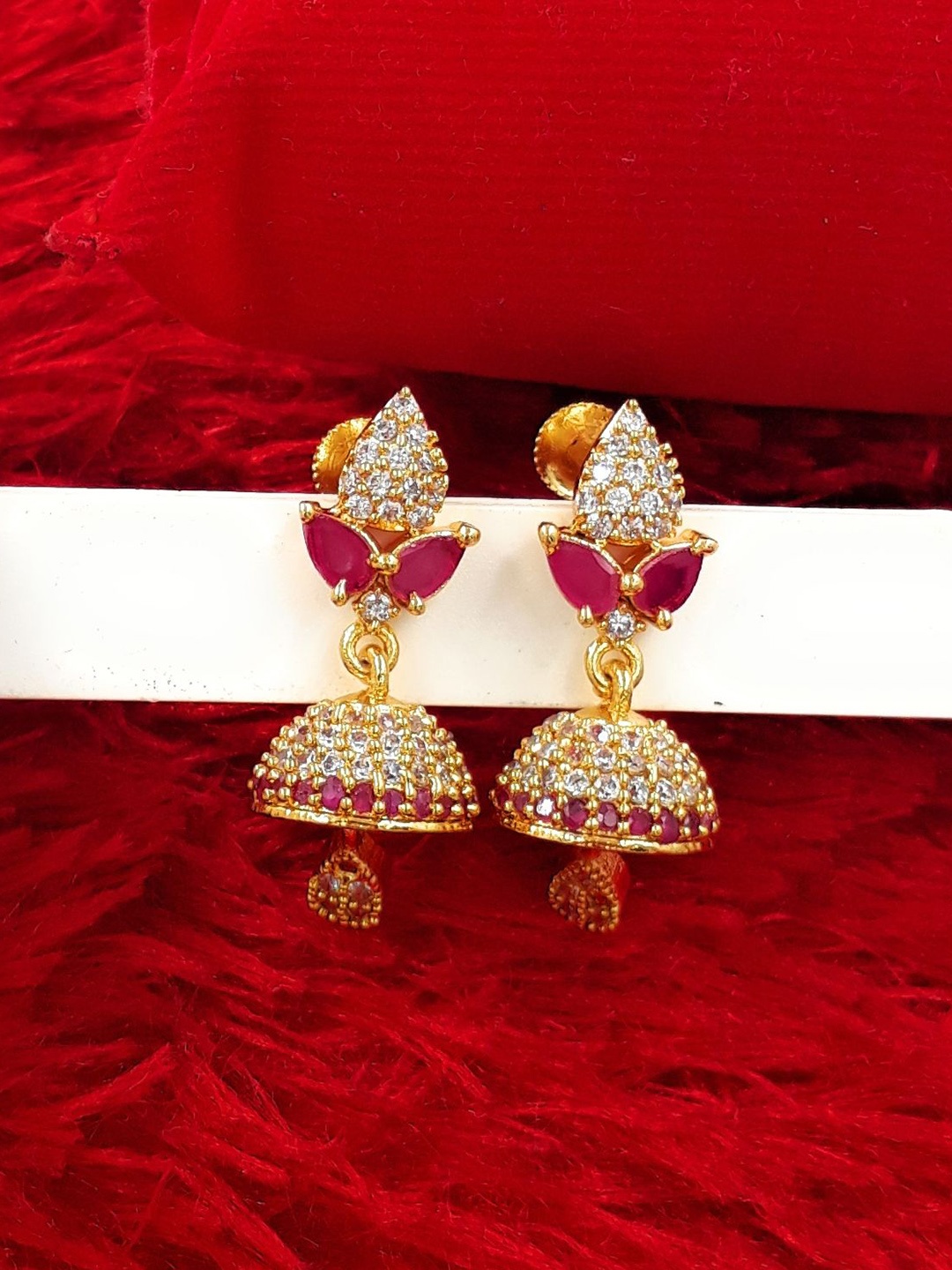 

Anujeet Fashion Hub Gold-Plated American Diamond Stones Studded Contemporary Jhumkas