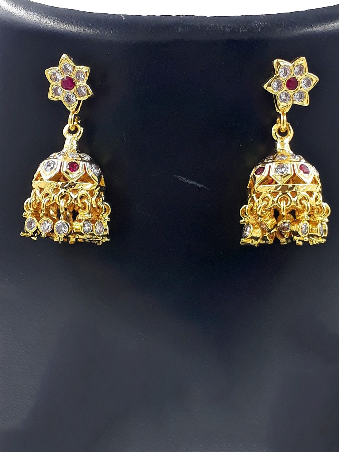 

Anujeet Fashion Hub Gold-Plated American Diamond Stones Studded Contemporary Jhumkas