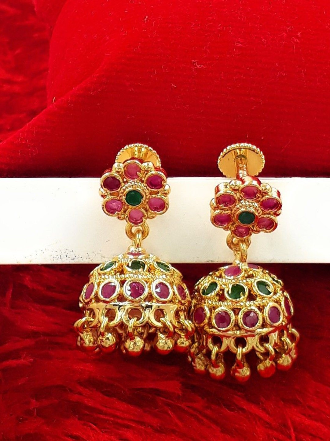 

Anujeet Fashion Hub Gold Plated AD Studded Dome Shaped Jhumkas