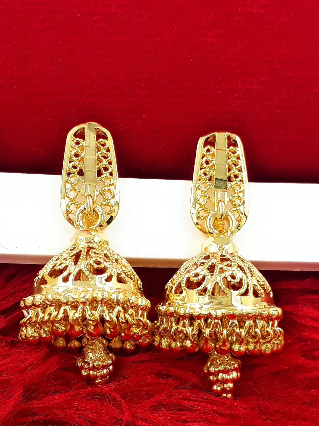 

Anujeet Fashion Hub Gold-Plated Dome Shaped Jhumkas