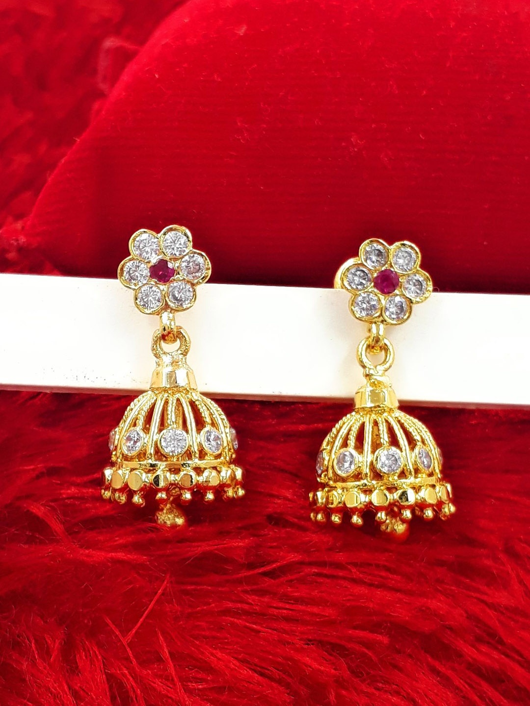 

Anujeet Fashion Hub Gold-Plated American Diamond Studded Dome Shaped Jhumkas