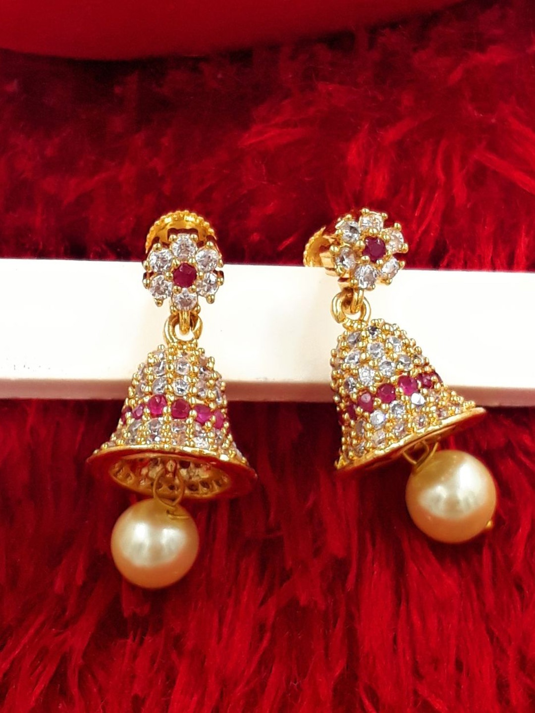 

Anujeet Fashion Hub Gold-Plated American Diamond Stones Studded Dome Shaped Jhumkas