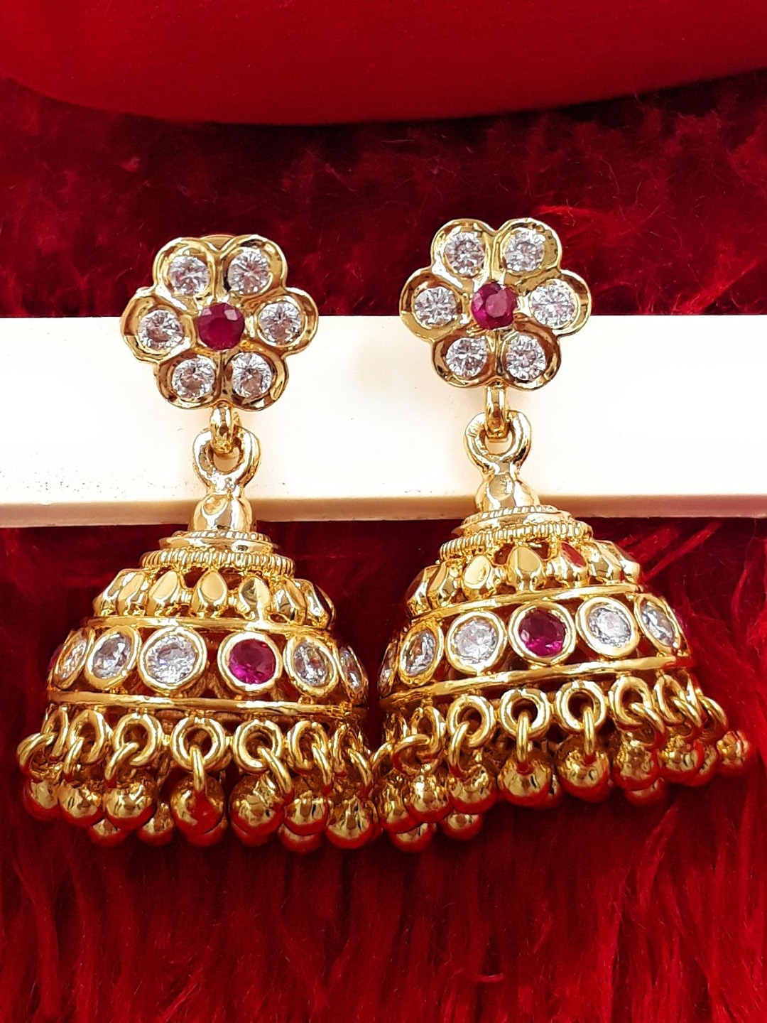 

Anujeet Fashion Hub Gold-Plated American Diamond Studded Dome Shaped Jhumkas