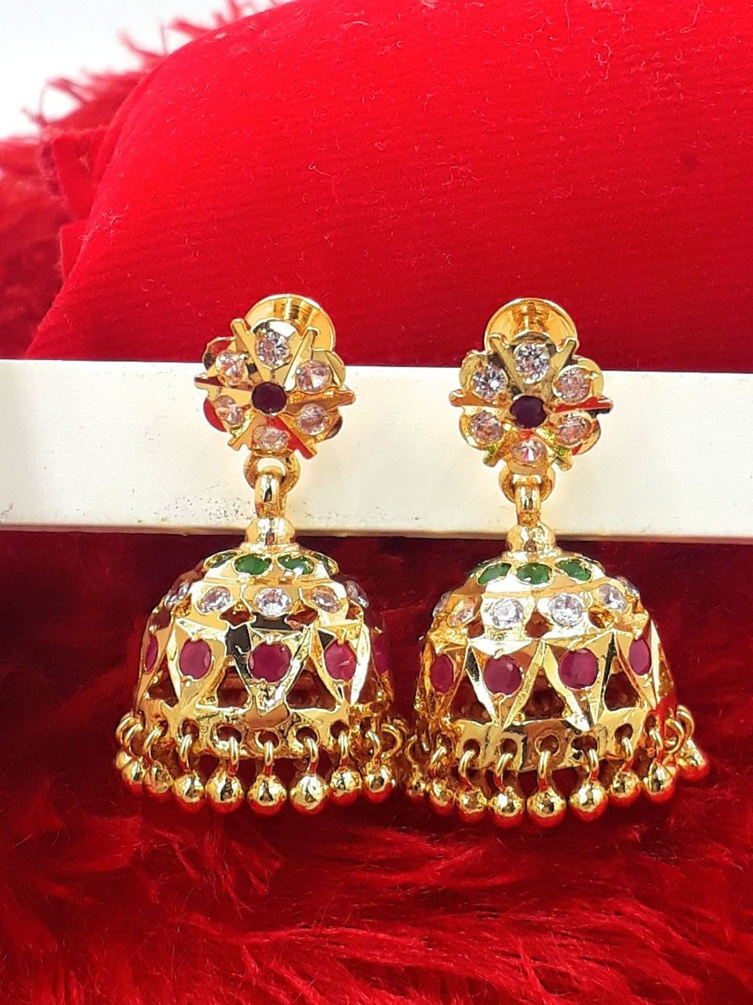 

Anujeet Fashion Hub Gold Plated AD Studded Dome Shaped Jhumkas