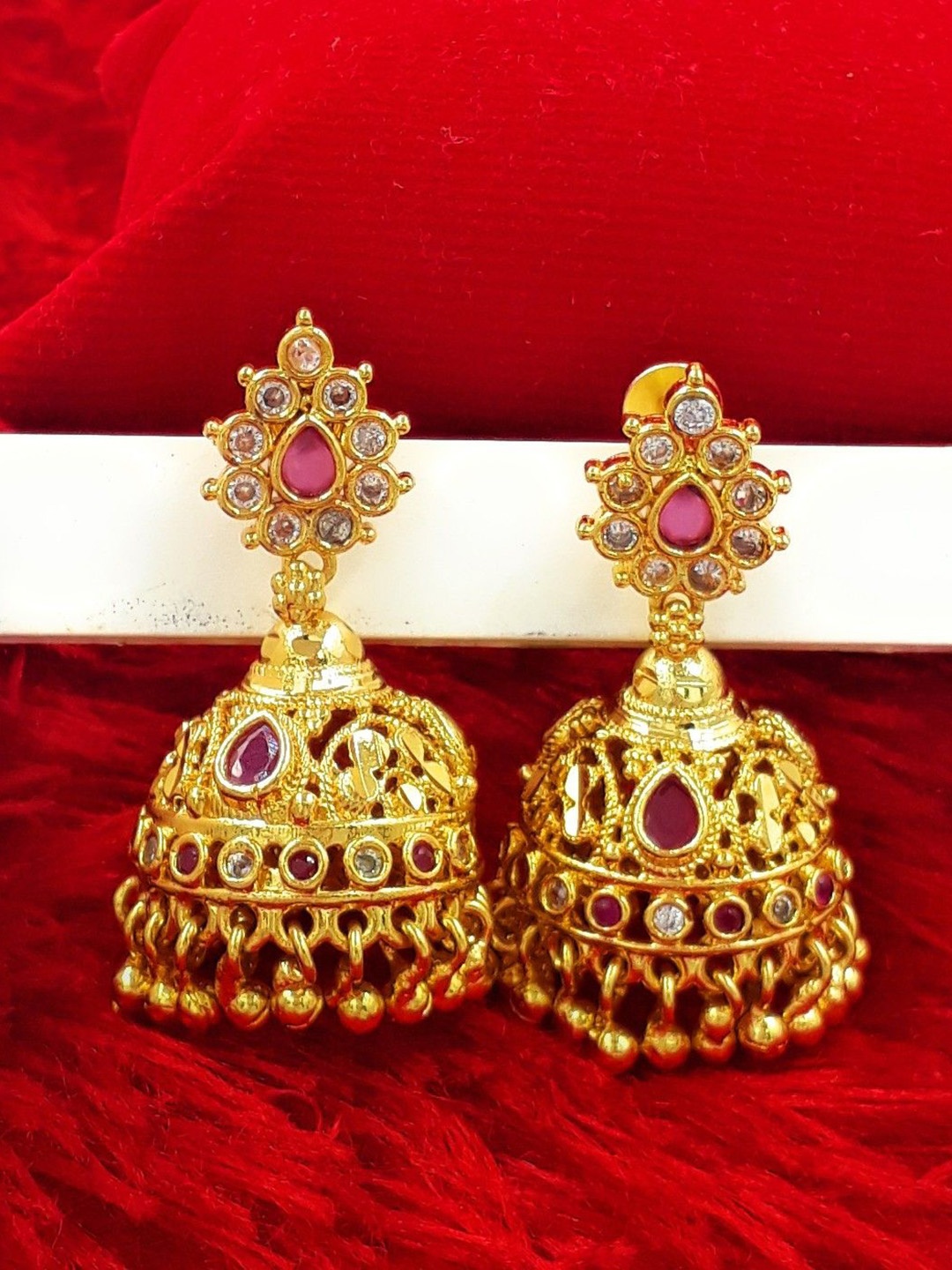 

Anujeet Fashion Hub Gold-Plated American Diamond Studded Dome Shaped Jhumkas