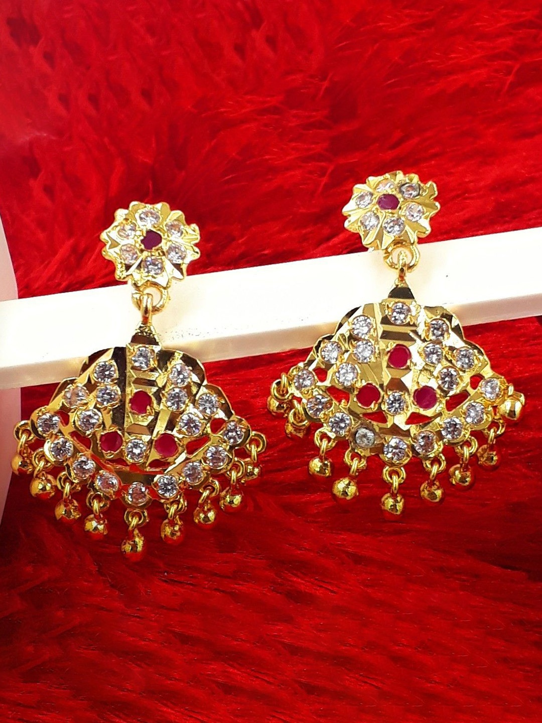 

Anujeet Fashion Hub Gold-Plated American Diamond Studded Contemporary Drop Earrings