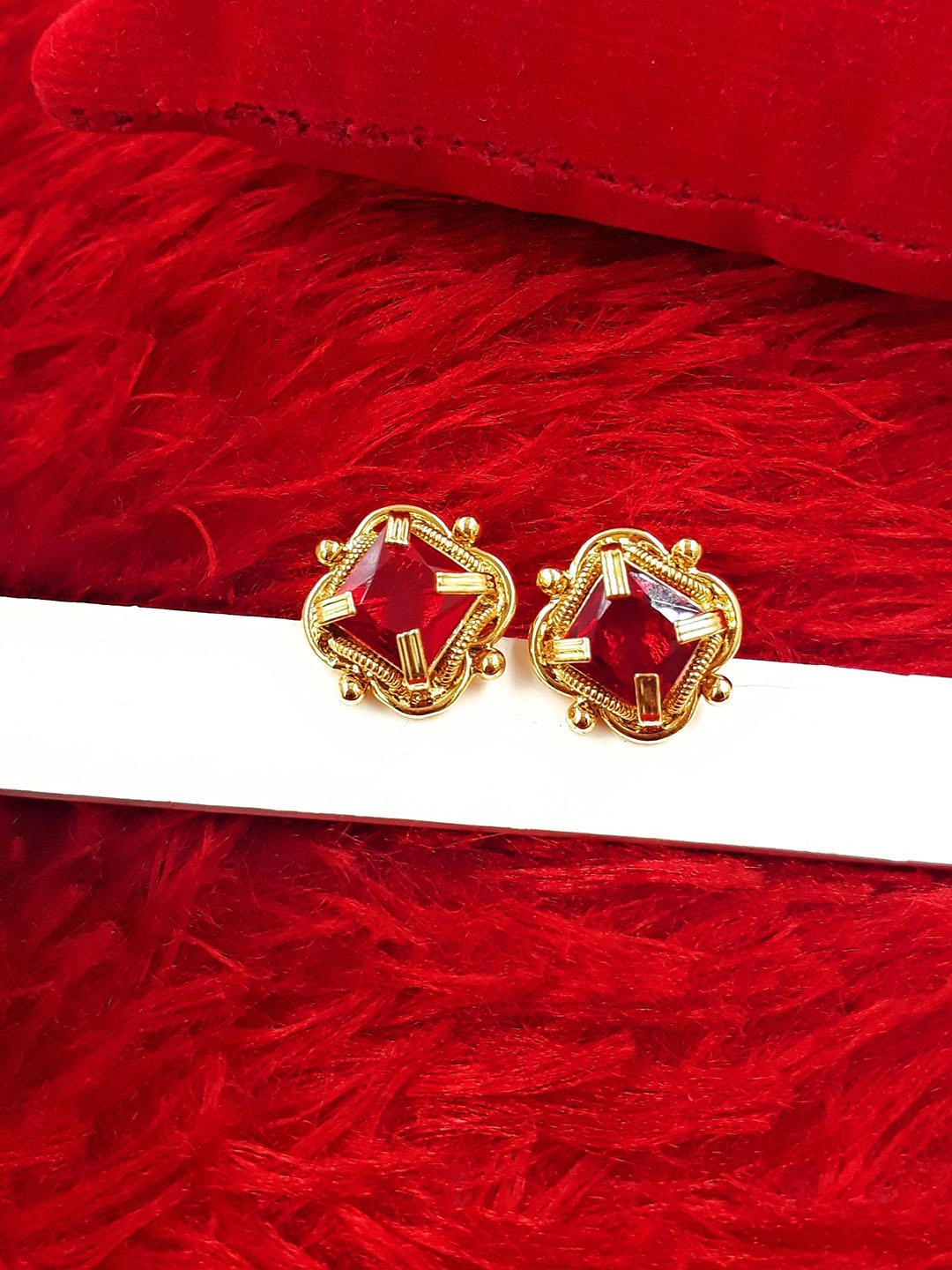

Anujeet Fashion Hub Gold-Plated American Diamond Stones Studded Square Shaped Studs