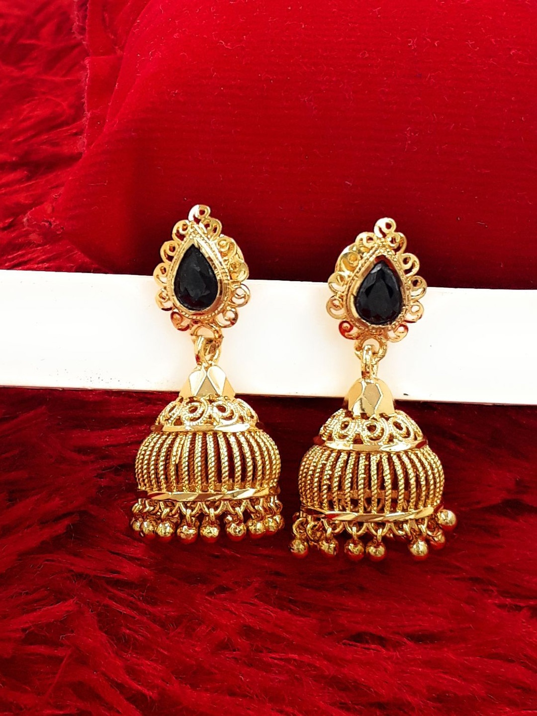 

Anujeet Fashion Hub Gold-Plated Artificial Stones Studded And Beaded Dome Shaped Jhumkas