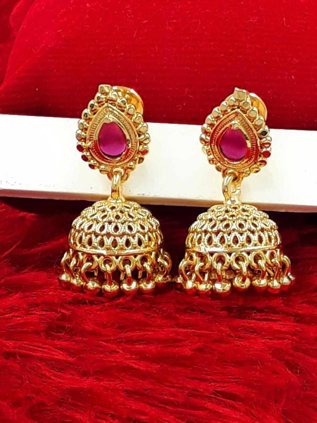 

Anujeet Fashion Hub Gold-Plated American Diamond Studded Dome Shaped Jhumkas