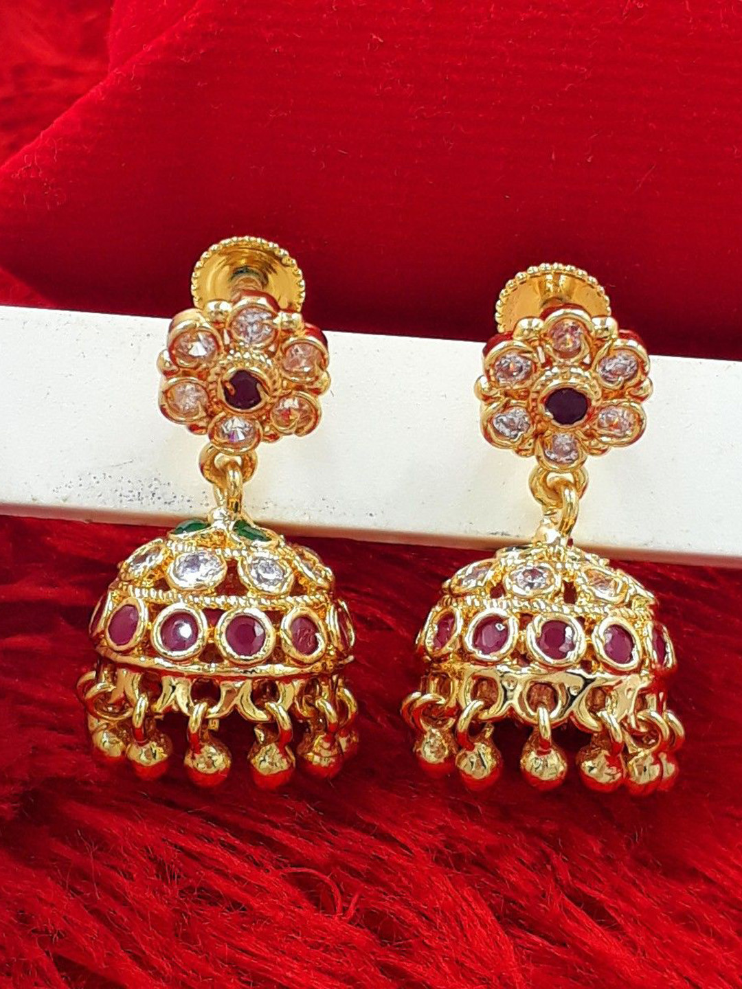

Anujeet Fashion Hub Gold-Plated American Diamond Studded Dome Shaped Jhumkas