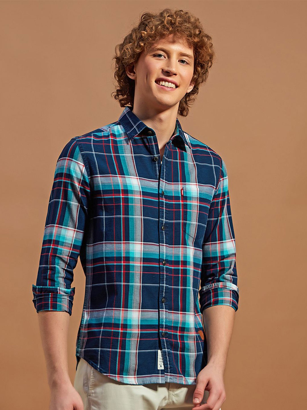

THINC Men Spread Collar Tartan Checked Cotton Casual Shirt, Navy blue