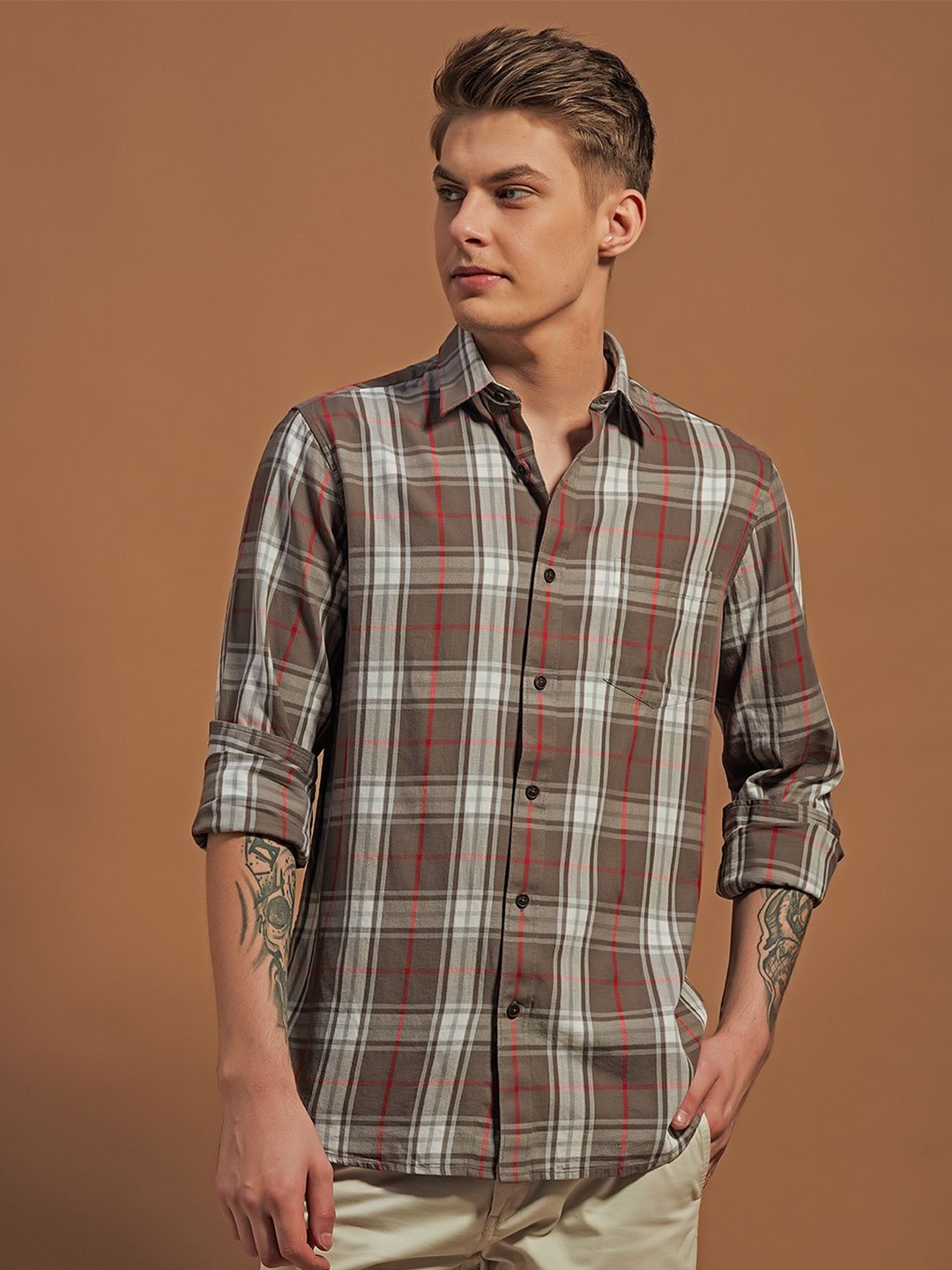 

THINC Men Spread Collar Tartan Checked Cotton Casual Shirt, Brown