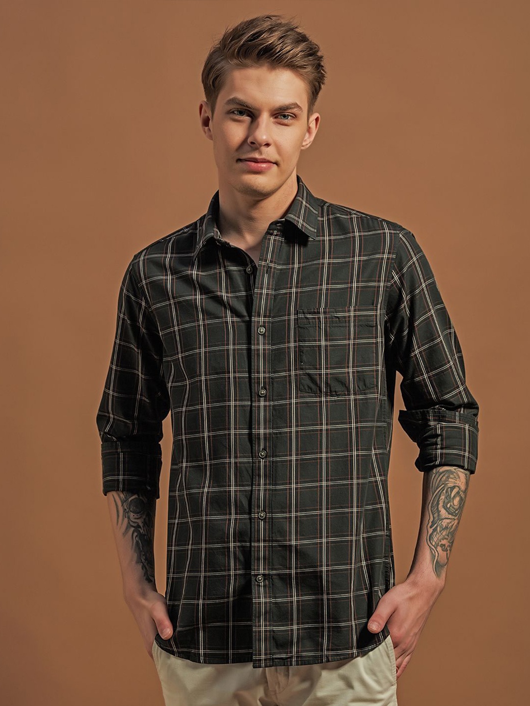 

THINC Men Spread Collar Tartan Checked Cotton Casual Shirt, Olive