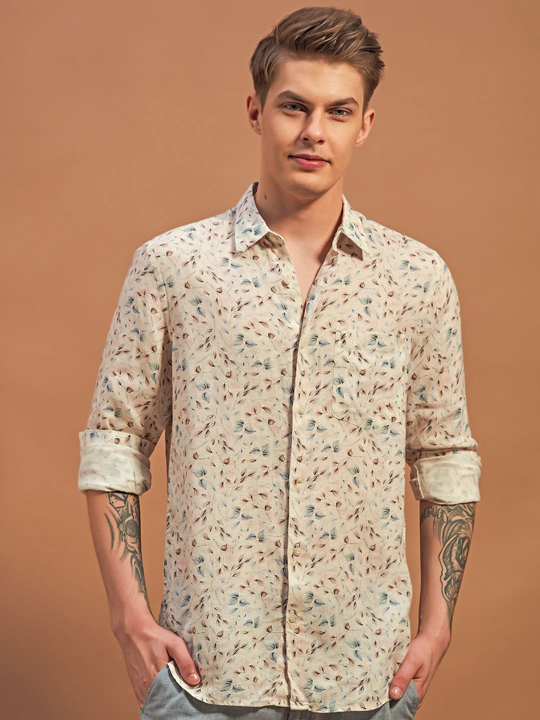 

THINC Men Snowy Elegance Linen Regular Fit Shirt, Beige