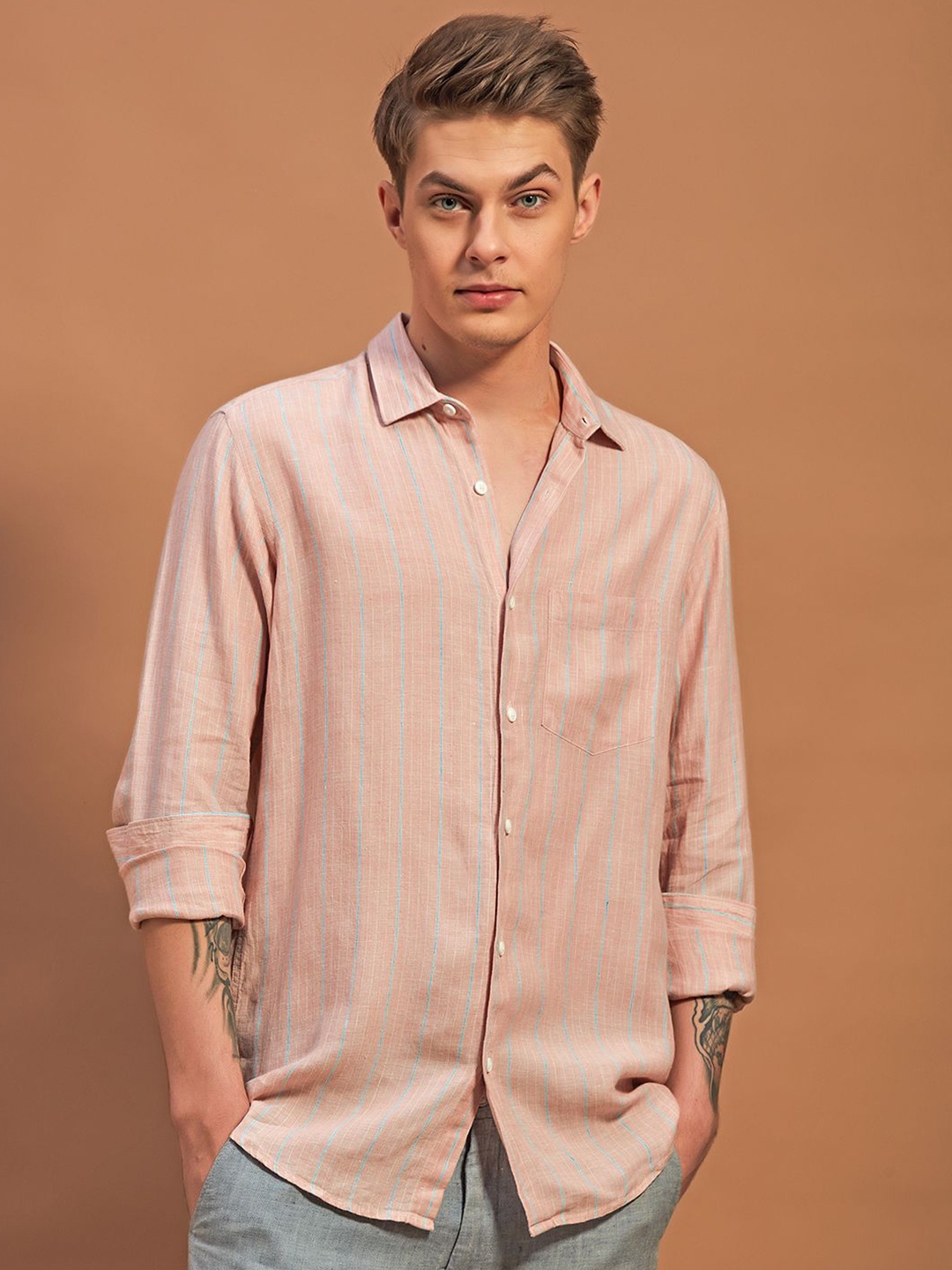 

THINC Men Elegant Linen Regular Fit Shirt, Peach