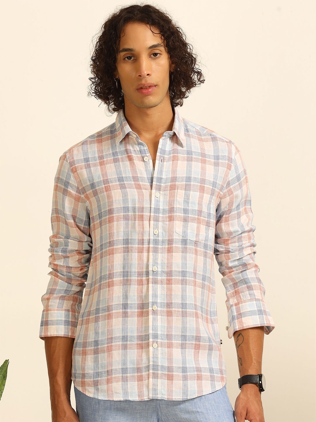 

THINC Men Immaculate Ivory Regular Fit Linen Shirt with Stripes, Beige