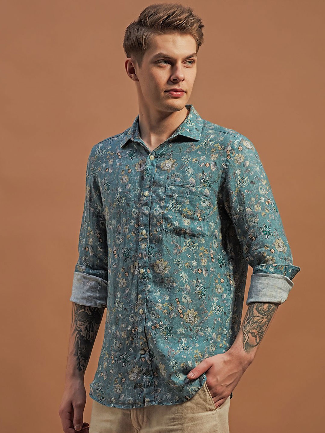 

THINC Men Pearl Passiflora Linen Regular Fit Shirt, Green