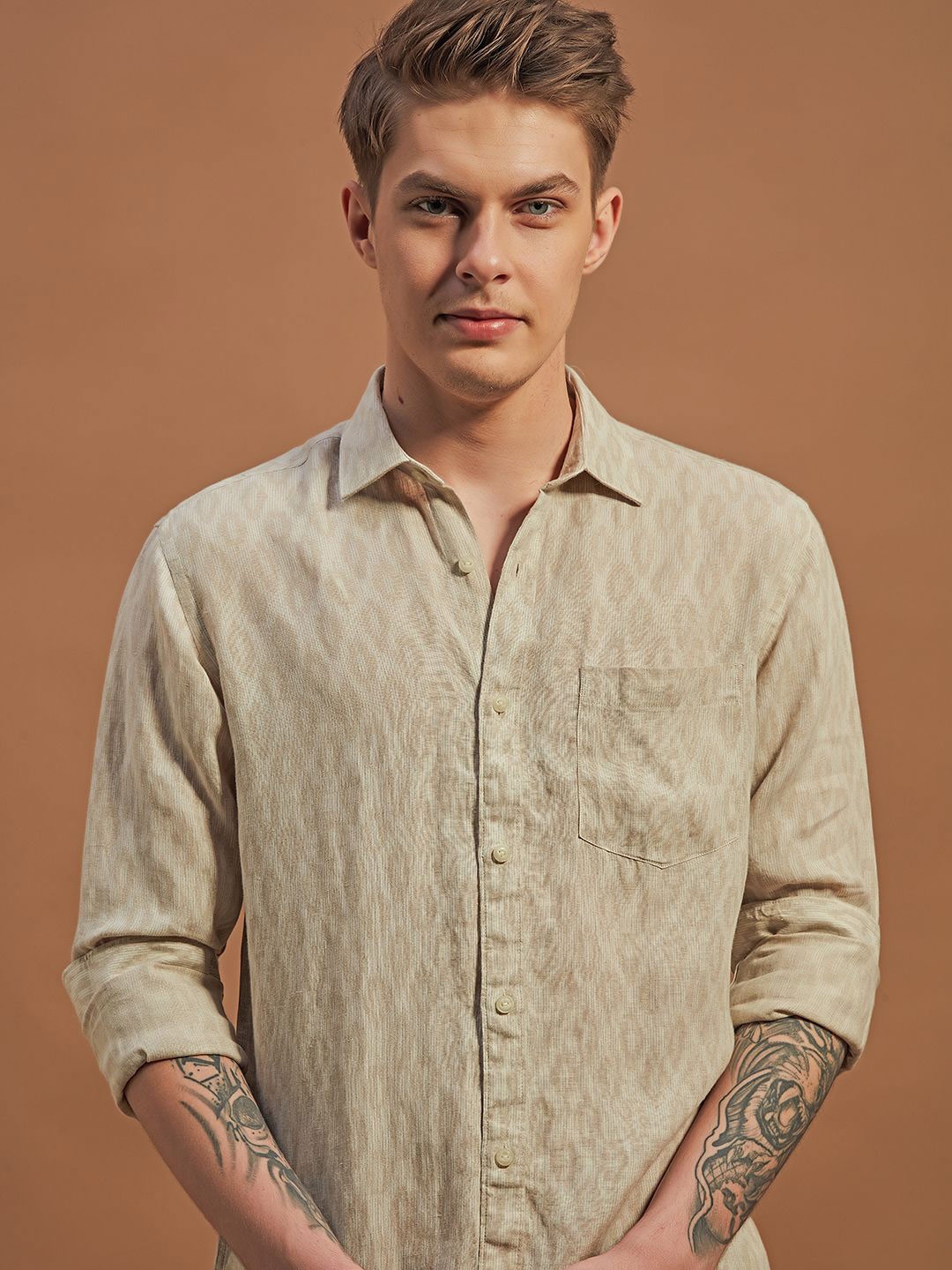 

THINC Men Silent Sands Tapestry Regular Fit Linen Shirt, Beige
