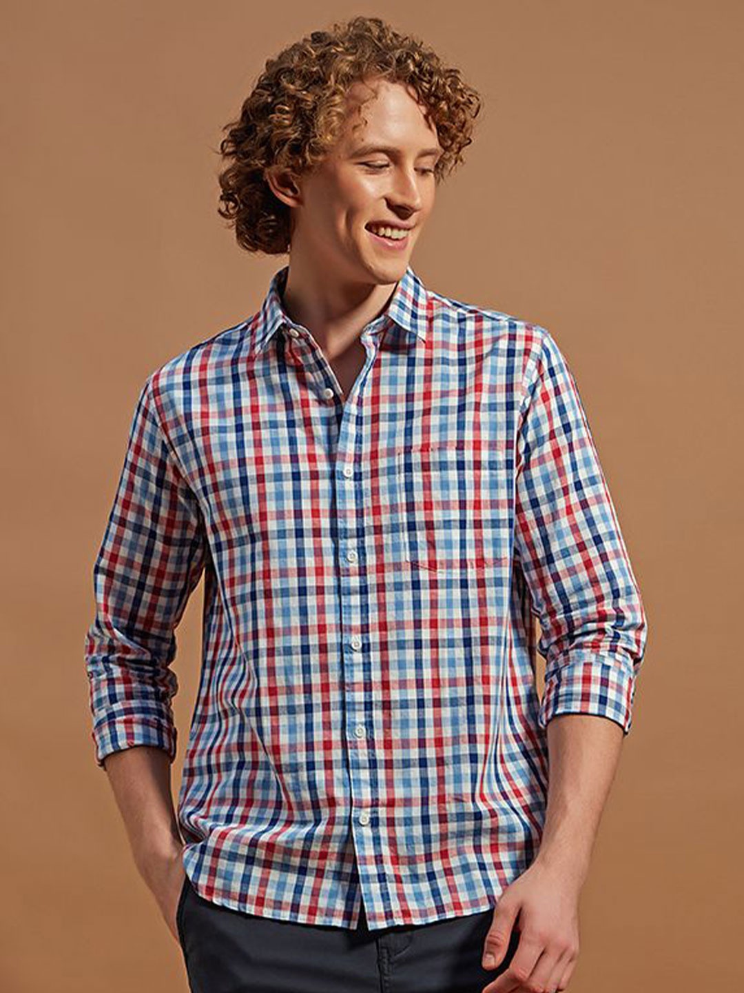 

THINC Men Spread Collar Gingham Checked Casual Shirt, White