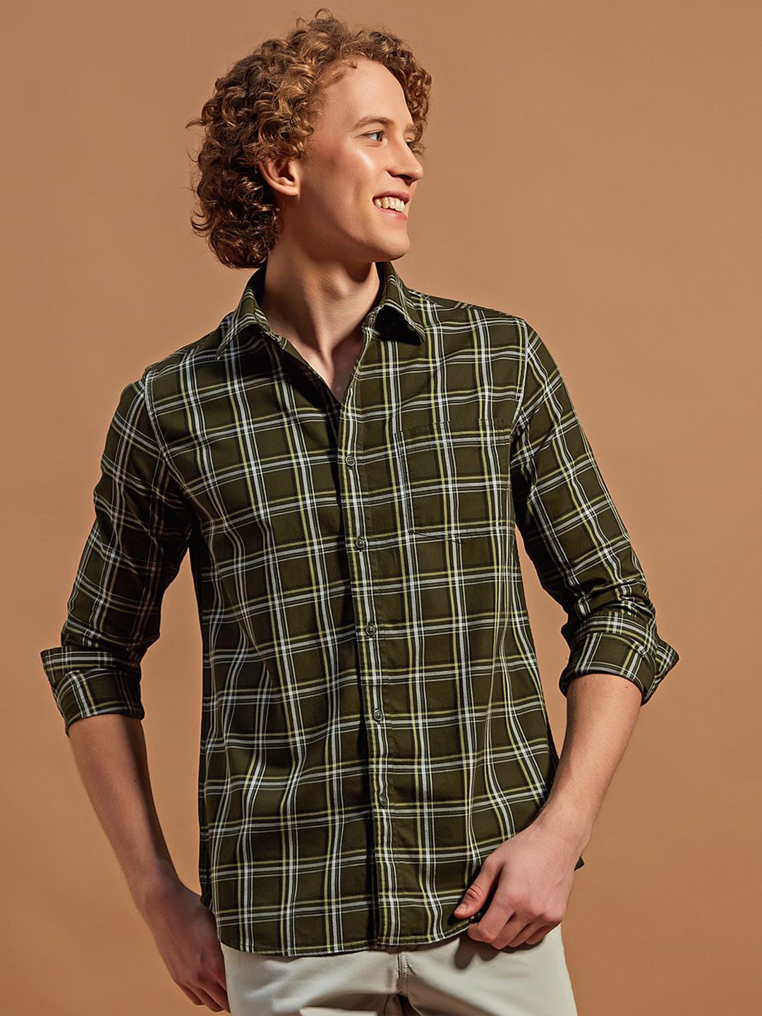

THINC Men Spread Collar Tartan Checked Cotton Casual Shirt, Olive