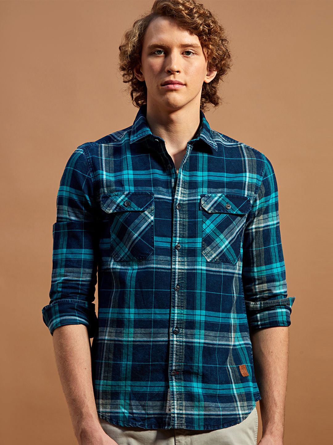 

THINC Men Spread Collar Tartan Checked Cotton Casual Shirt, Navy blue