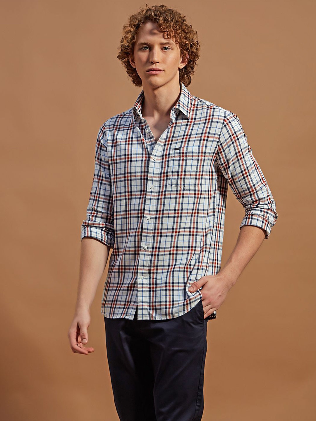 

THINC Men Spread Collar Tartan Checked Cotton Casual Shirt, White