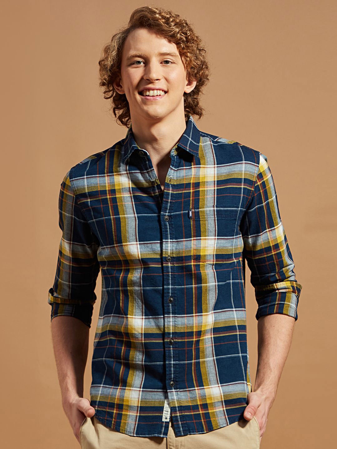 

THINC Men Spread Collar Tartan Checked Cotton Casual Shirt, Navy blue