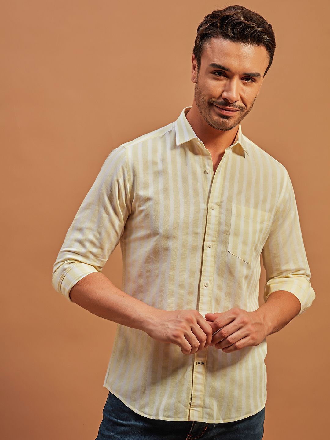 

THINC Men Spread Collar Vertical Striped Casual Shirt, Yellow